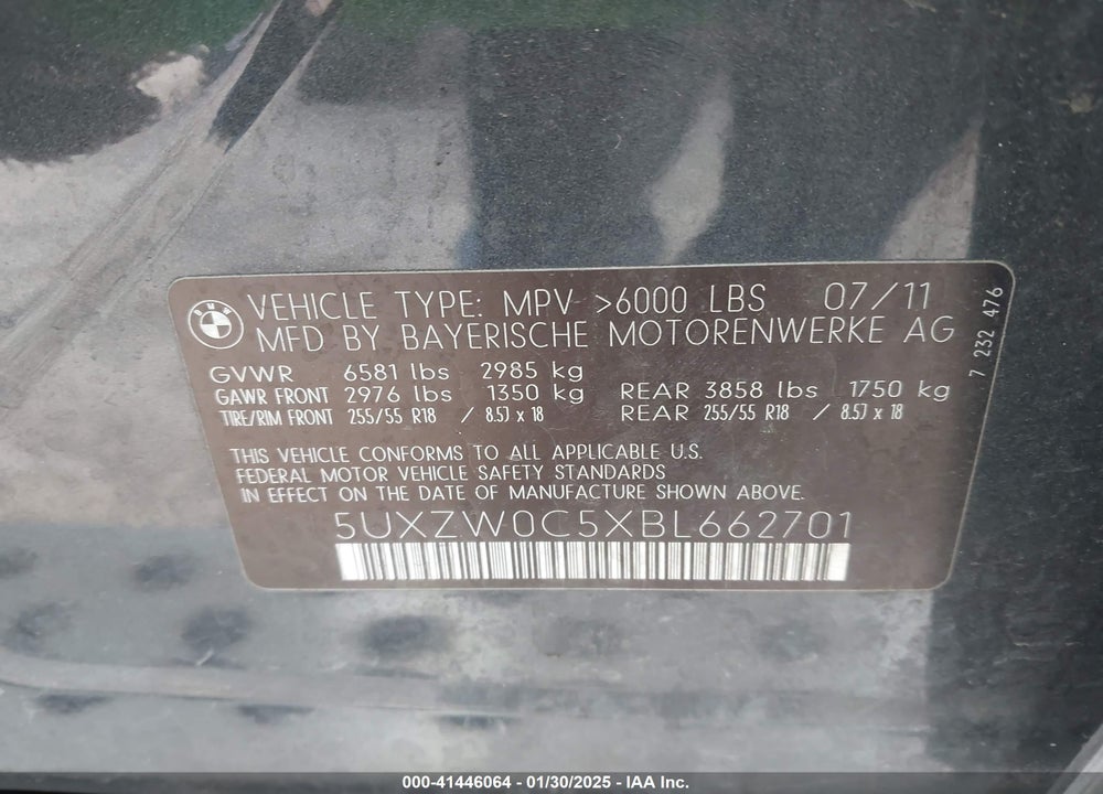 2011 BMW X5 XDRIVE35D VIN: 5UXZW0C5XBL662701