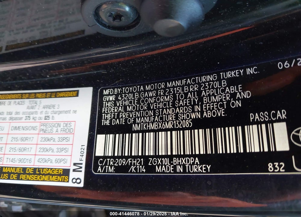 2021 TOYOTA C-HR LE VIN: NMTKHMBX6MR132085