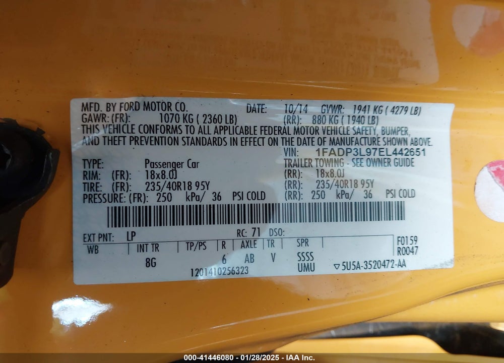 2014 FORD FOCUS VIN: 1FADP3L97EL442651