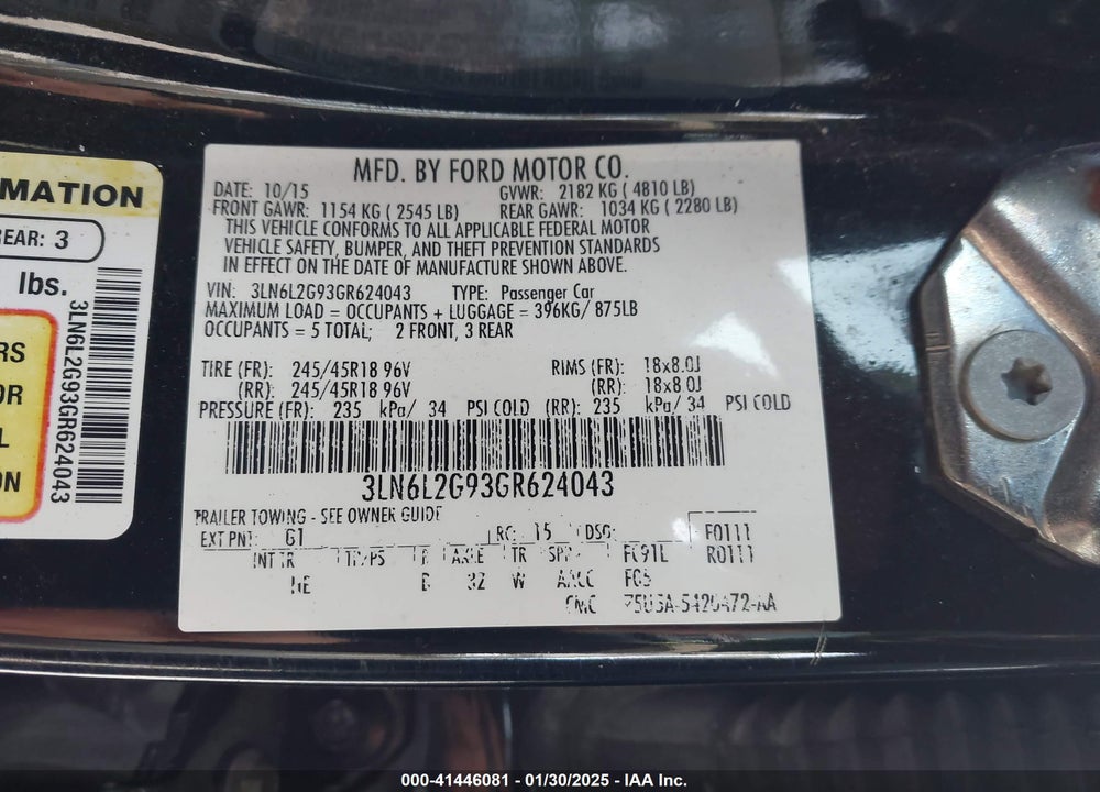 2016 LINCOLN MKZ VIN: 3LN6L2G93GR624043