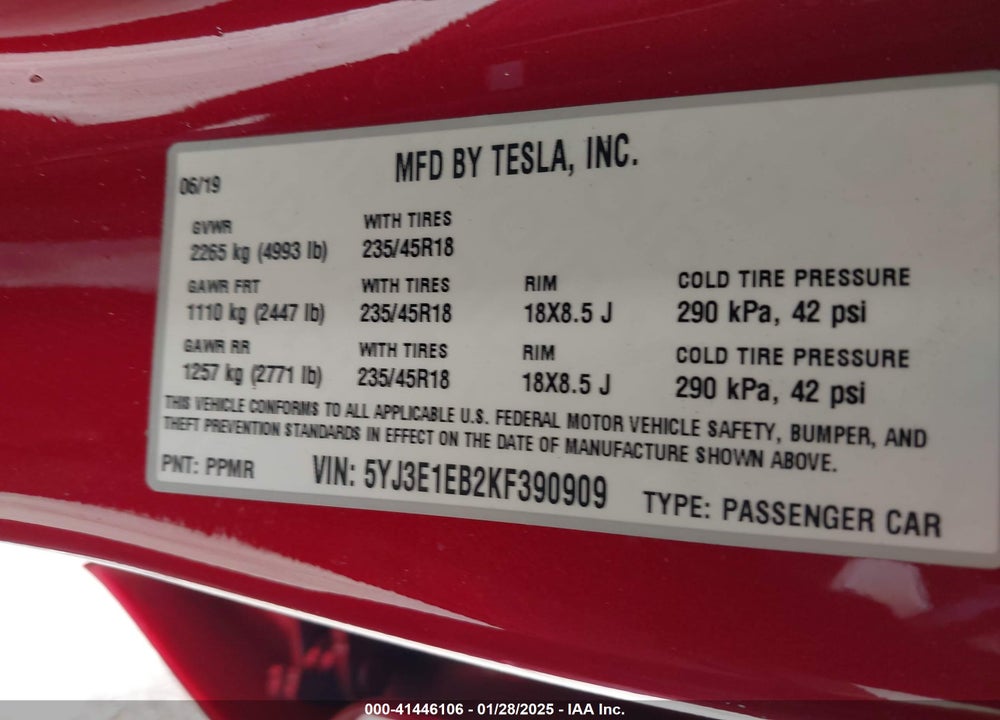 2019 TESLA MODEL 3 VIN: 5YJ3E1EB2KF390909