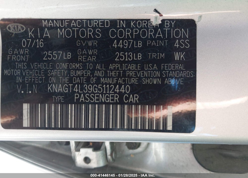 2016 KIA OPTIMA VIN: KNAGT4L39G5112440