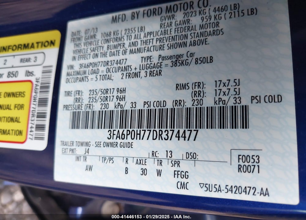 2013 FORD FUSION SE VIN: 3FA6P0H77DR374477