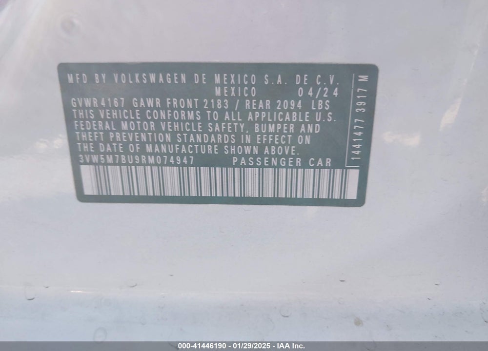 2024 VOLKSWAGEN JETTA VIN: 3VW5M7BU9RM074947