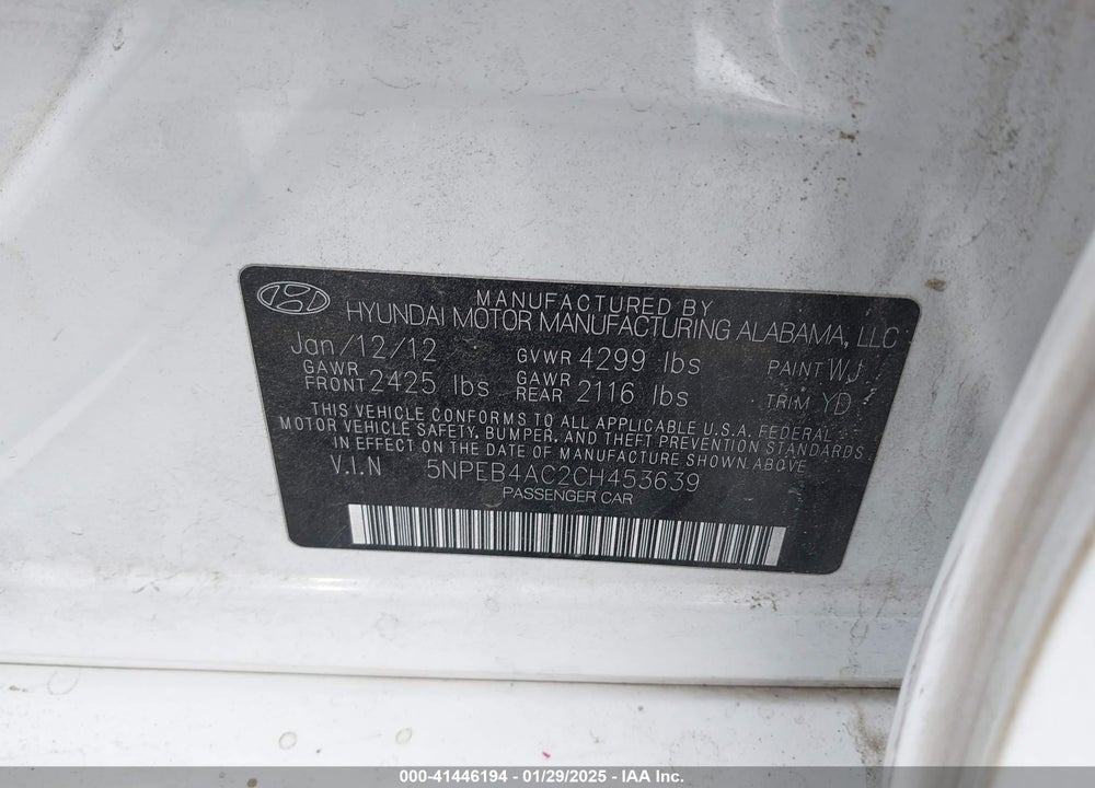 2012 HYUNDAI SONATA GLS VIN: 5NPEB4AC2CH453639