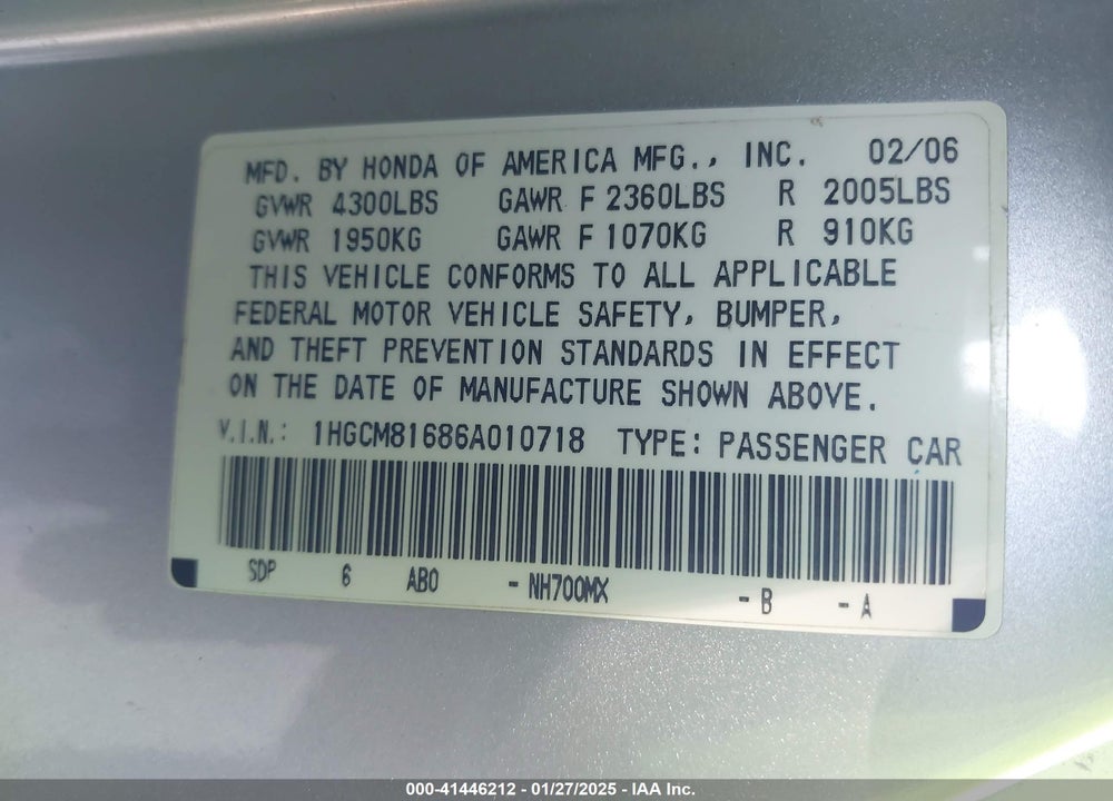 2006 HONDA ACCORD VIN: 1HGCM81686A010718