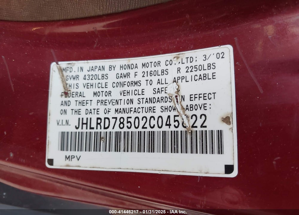 2002 HONDA CR-V LX VIN: JHLRD78502C045822