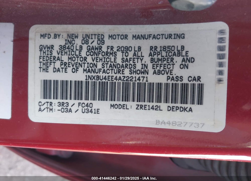 2010 TOYOTA COROLLA LE VIN: 1NXBU4EE4AZ221471
