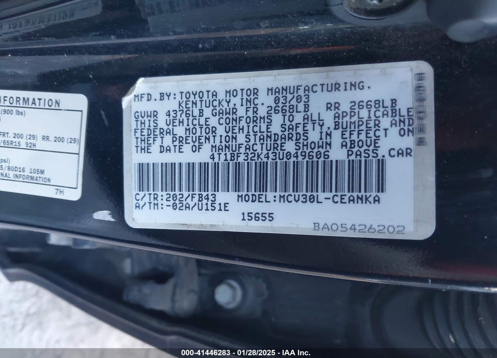 2003 TOYOTA CAMRY LE V6 VIN: 4T1BF32K43U049606