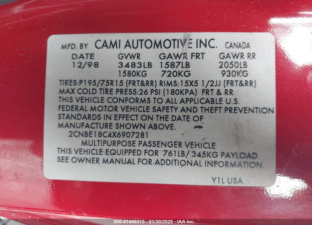 1999 CHEVROLET TRACKER VIN: 2CNBE18C4X6907281