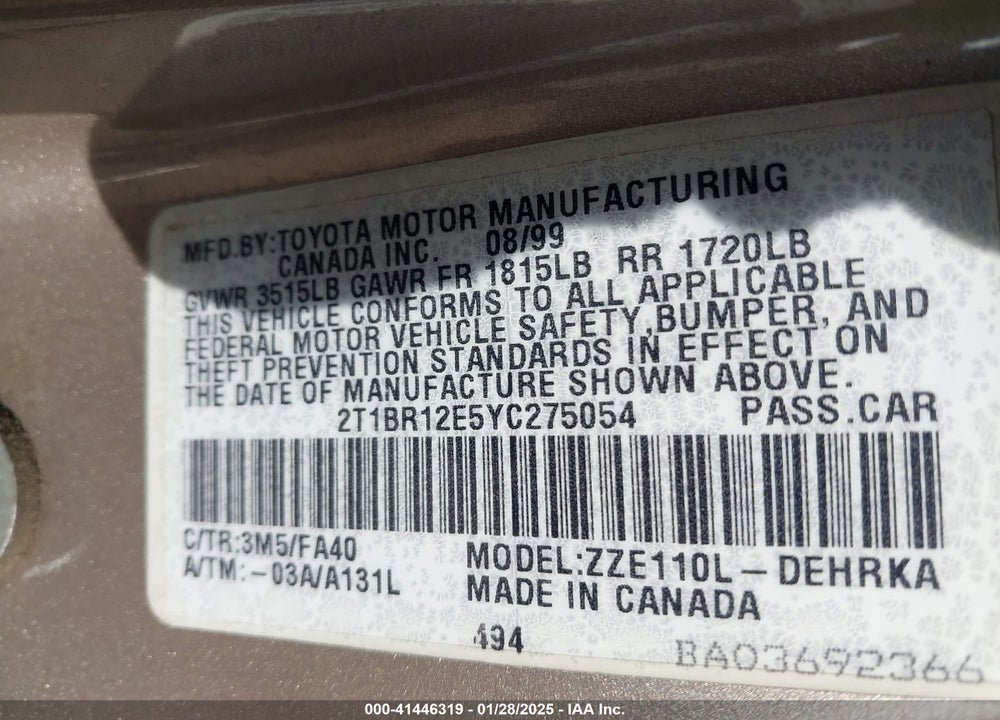 2000 TOYOTA COROLLA VE VIN: 2T1BR12E5YC275054