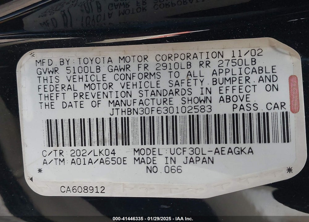 2003 LEXUS LS 430 VIN: JTHBN30F630102583
