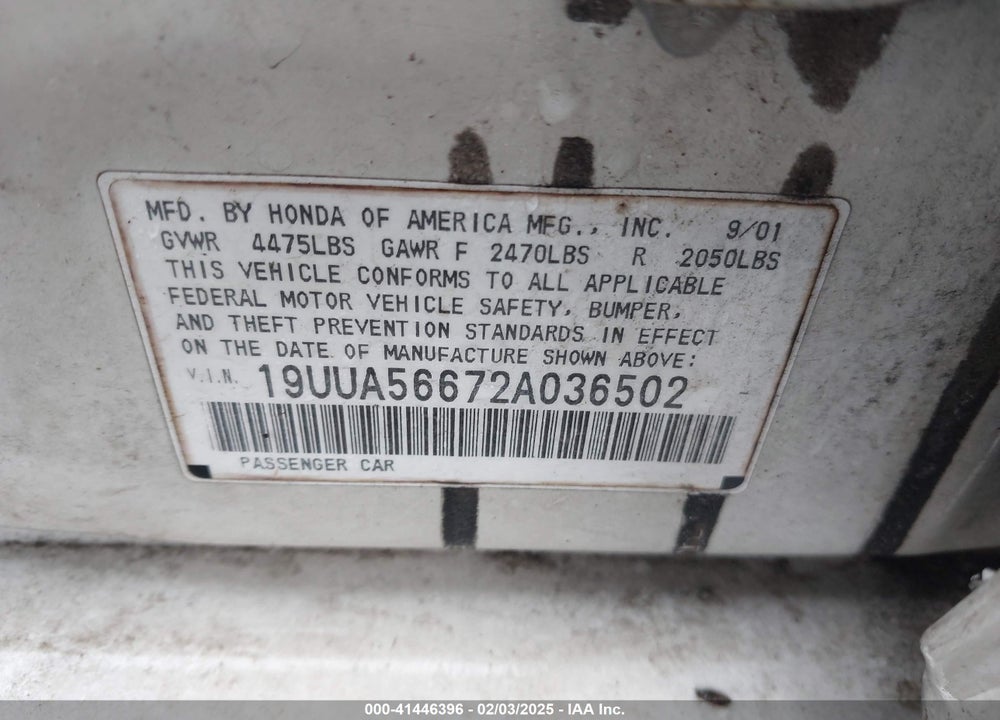 2002 ACURA TL 3.2 VIN: 19UUA56672A036502