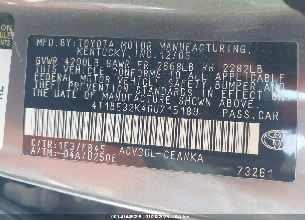 2006 TOYOTA CAMRY VIN: 4T1BE32K46U715189