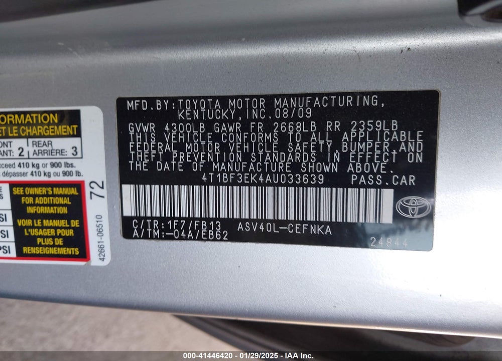 2010 TOYOTA CAMRY VIN: 4T1BF3EK4AU033639