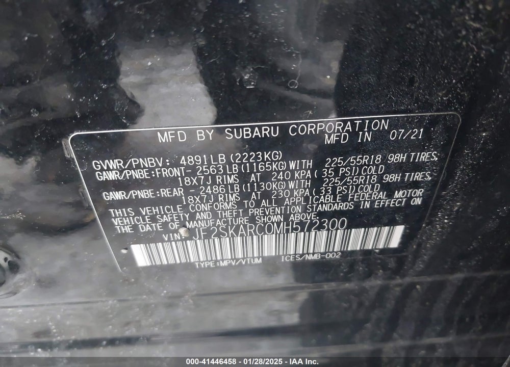 2021 SUBARU FORESTER VIN: JF2SKARC0MH572300
