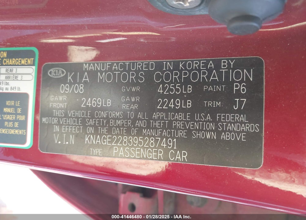 2009 KIA OPTIMA VIN: KNAGE228395287491
