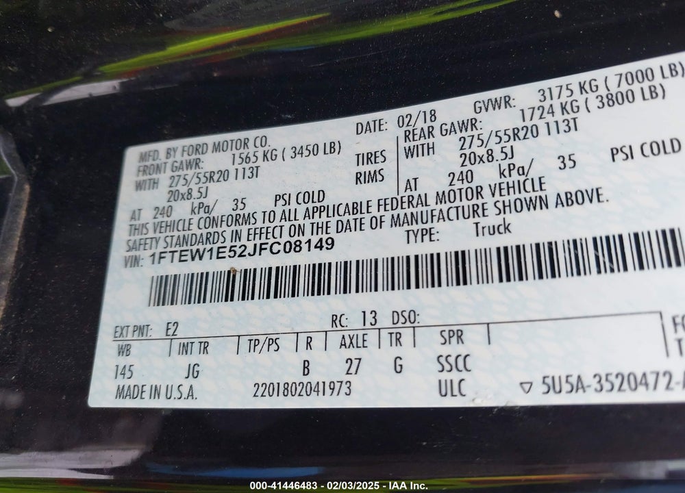 2018 FORD F150 VIN: 1FTEW1E52JFC08149