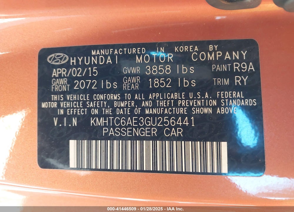 2016 HYUNDAI VELOSTER TURBO VIN: KMHTC6AE3GU256441