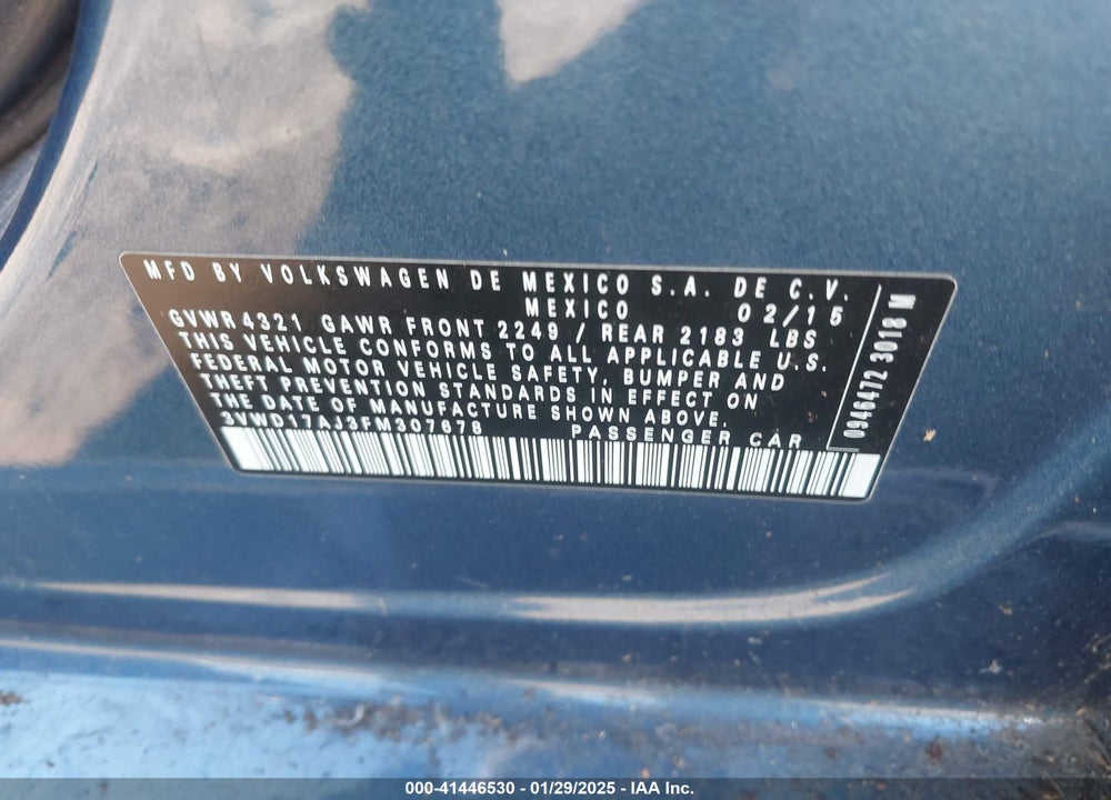 2015 VOLKSWAGEN JETTA VIN: 3VWD17AJ3FM307678