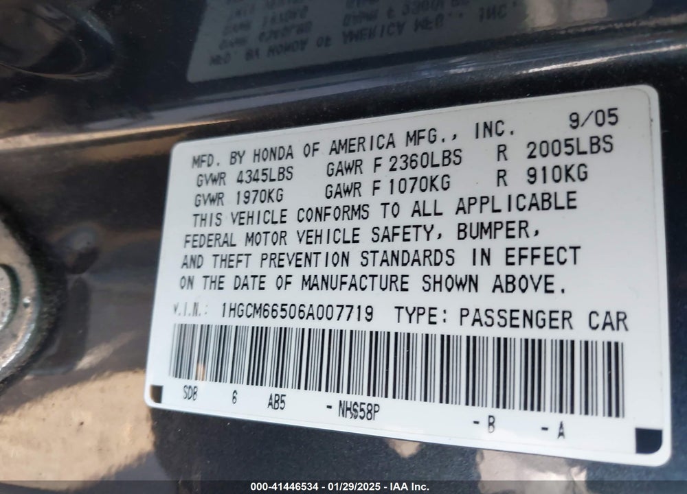 2006 HONDA ACCORD 3.0 EX VIN: 1HGCM66506A007719