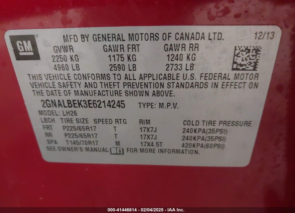 2014 CHEVROLET EQUINOX 1LT VIN: 2GNALBEK3E6214245