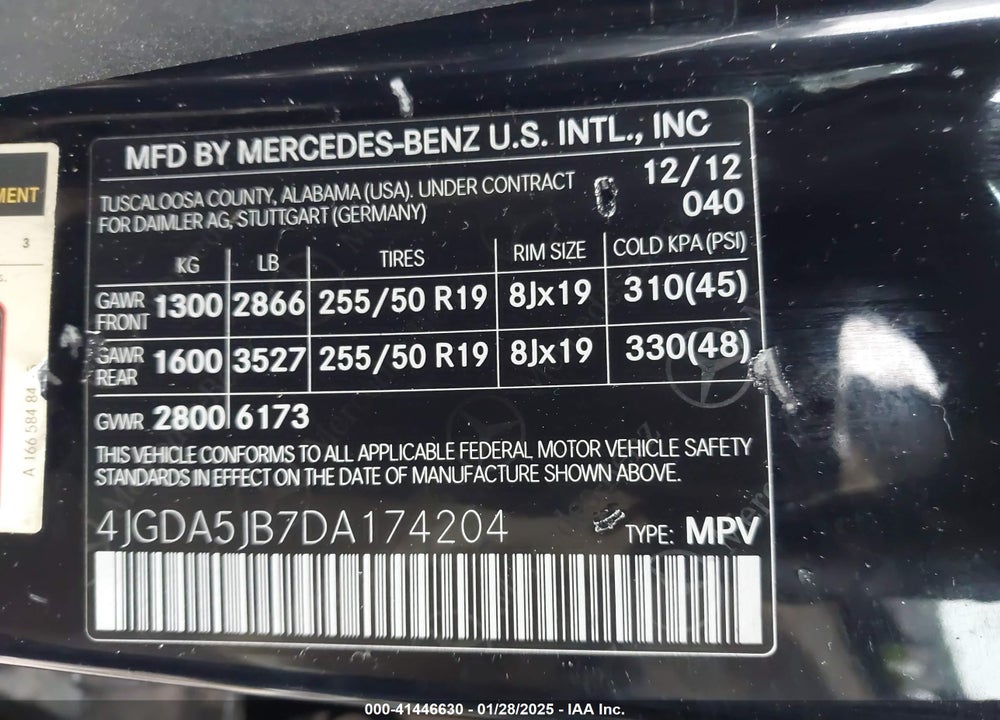 2013 MERCEDES-BENZ ML 350 VIN: 4JGDA5JB7DA174204