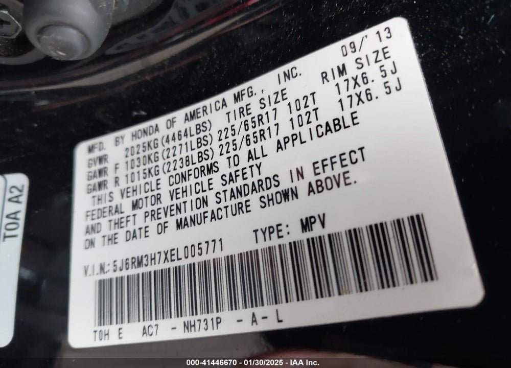 2014 HONDA CR-V EX-L VIN: 5J6RM3H7XEL005771