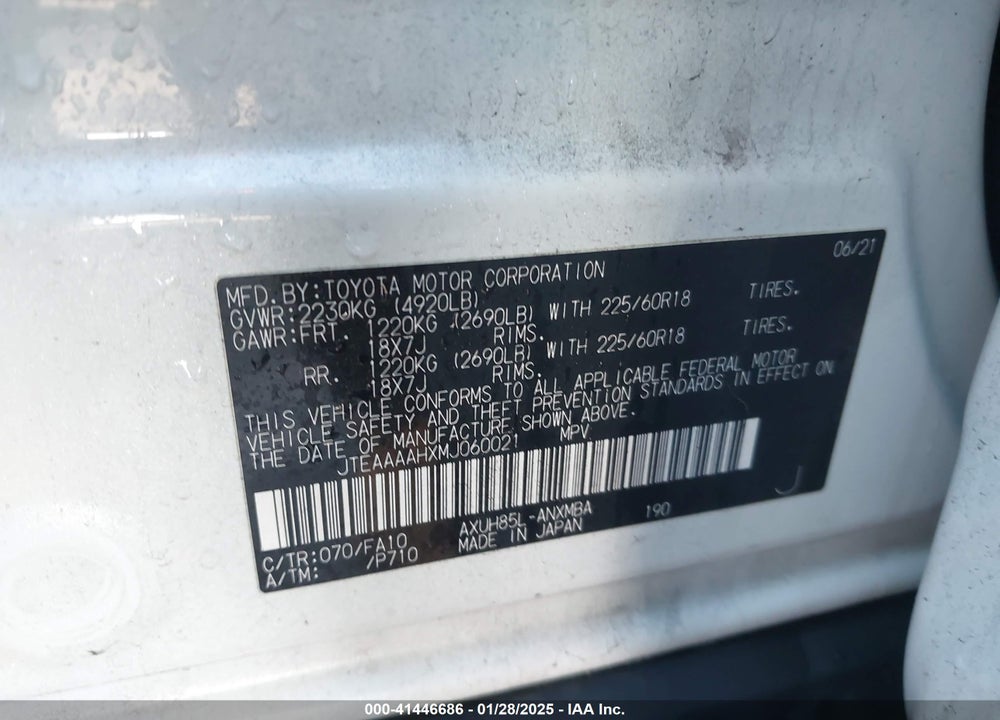 2021 TOYOTA VENZA VIN: JTEAAAAHXMJ060021