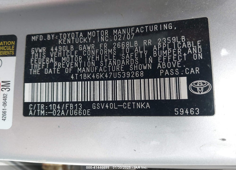 2007 TOYOTA CAMRY LE V6 VIN: 4T1BK46K47U539268