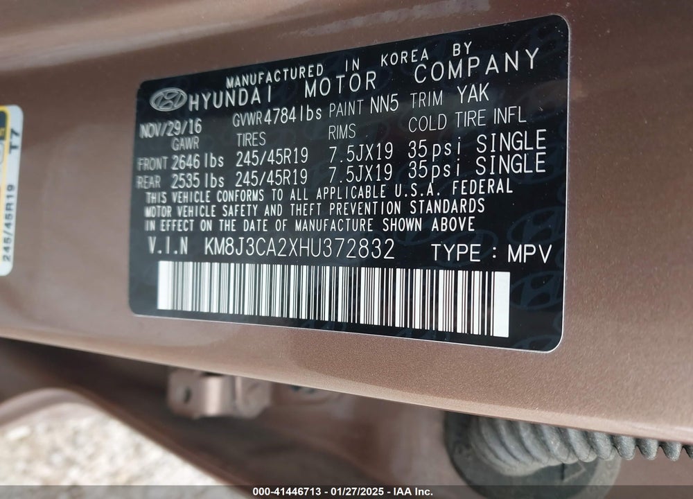 2017 HYUNDAI TUCSON LIMITED VIN: KM8J3CA2XHU372832