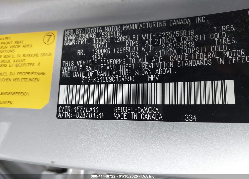 2009 LEXUS RX 350 VIN: 2T2HK31U89C104590