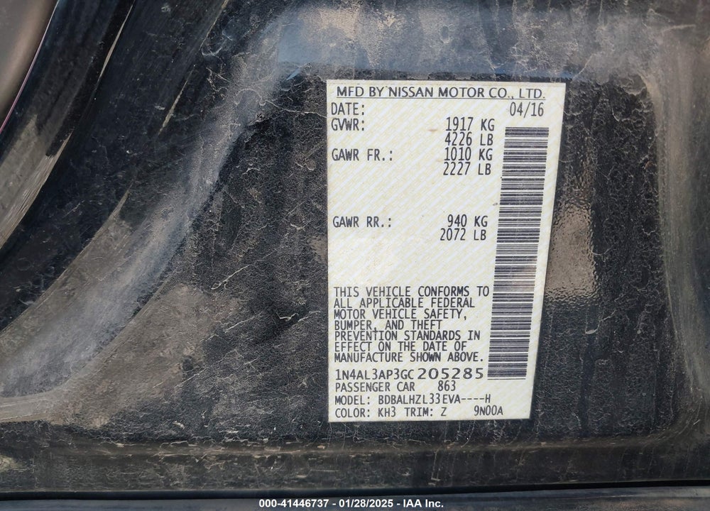 2016 NISSAN ALTIMA VIN: 1N4AL3AP3GC205285