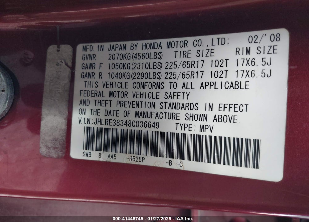 2008 HONDA CR-V LX VIN: JHLRE38348C036649