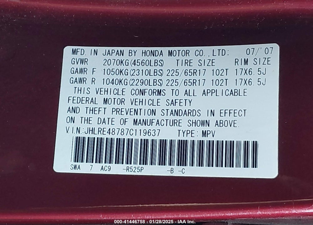 2007 HONDA CR-V VIN: JHLRE48787C119637