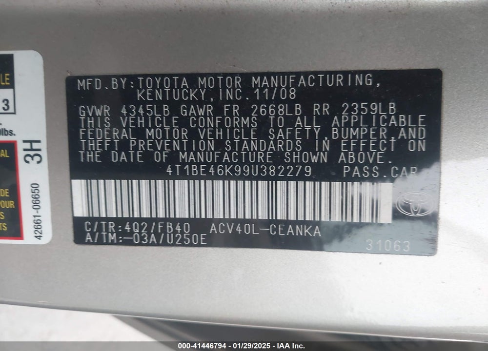 2009 TOYOTA CAMRY LE VIN: 4T1BE46K99U382279