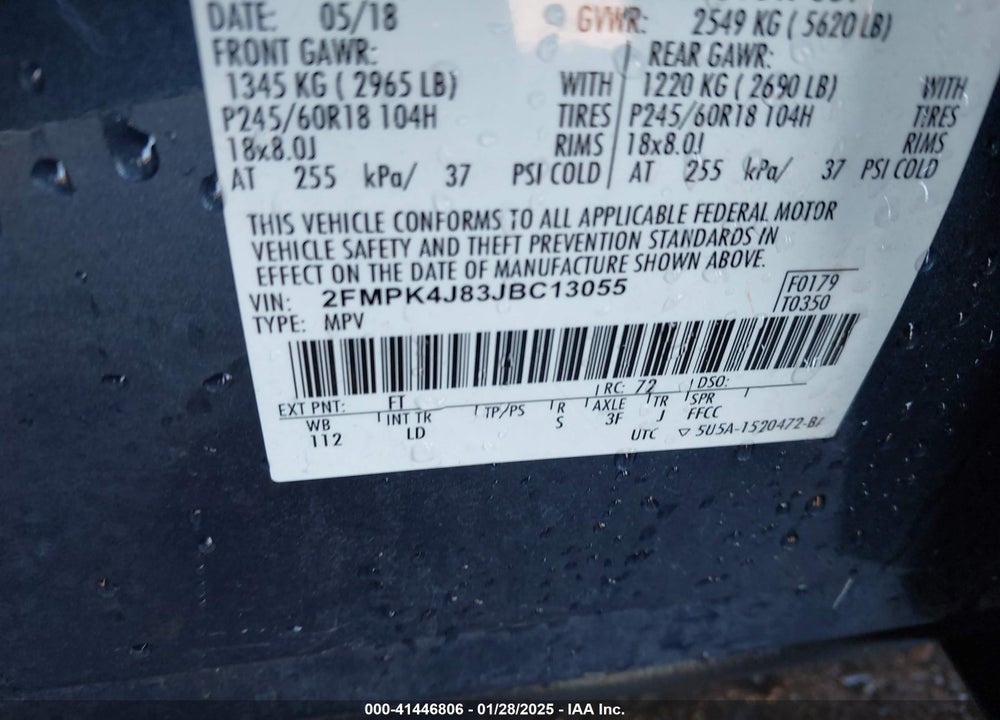 2018 FORD EDGE SEL VIN: 2FMPK4J83JBC13055