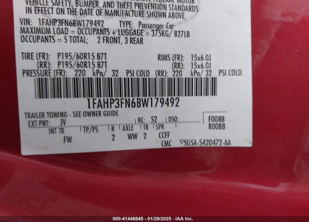 2011 FORD FOCUS VIN: 1FAHP3FN6BW179492