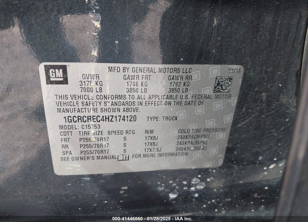 2017 CHEVROLET SILVERADO 1500 1LT VIN: 1GCRCREC4HZ174120