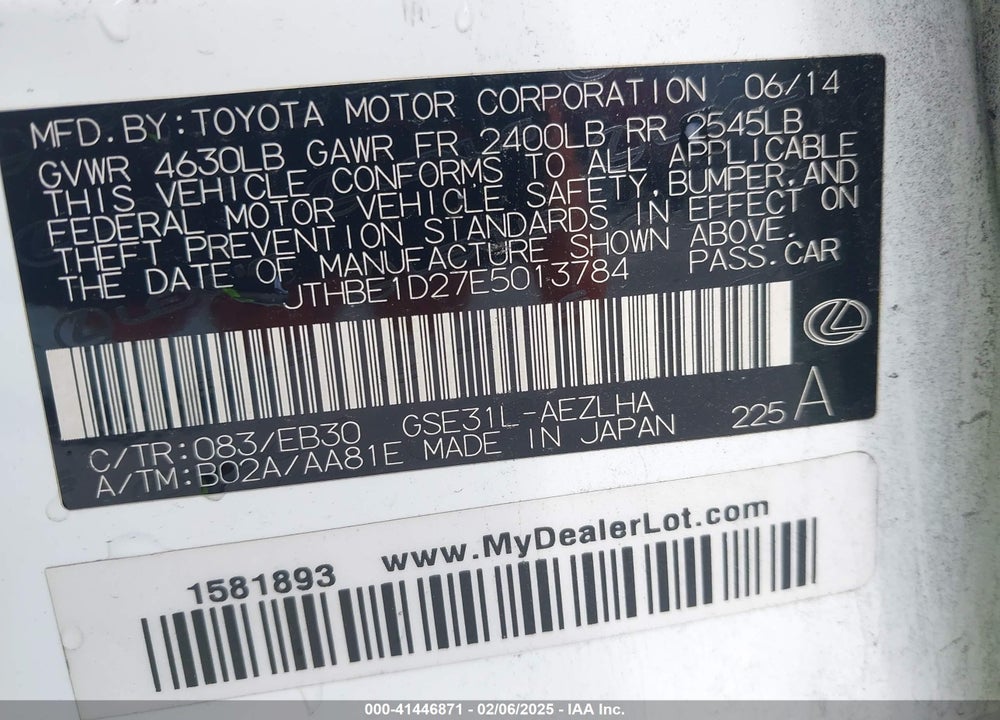 2014 LEXUS IS 350 VIN: JTHBE1D27E5013784