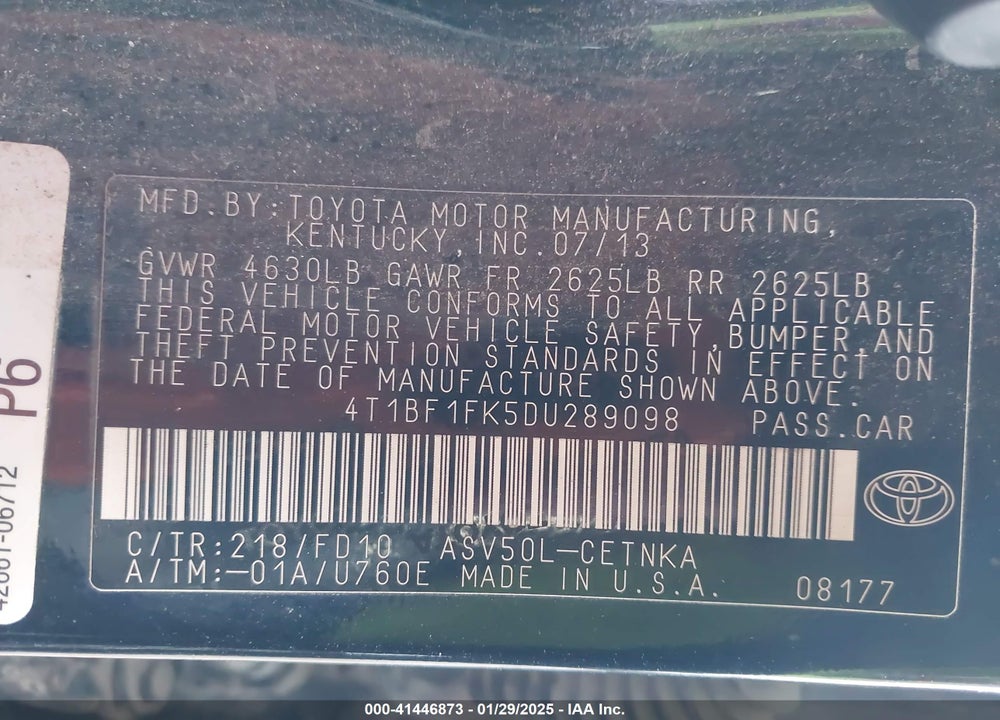 2013 TOYOTA CAMRY VIN: 4T1BF1FK5DU289098