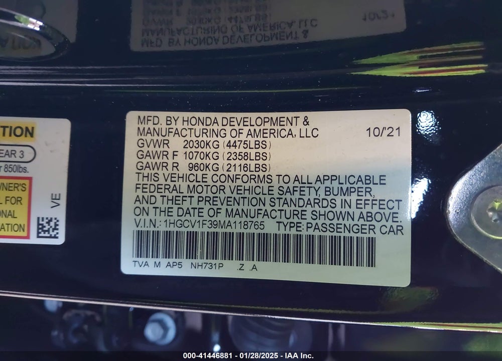 2021 HONDA ACCORD SPORT VIN: 1HGCV1F39MA118765