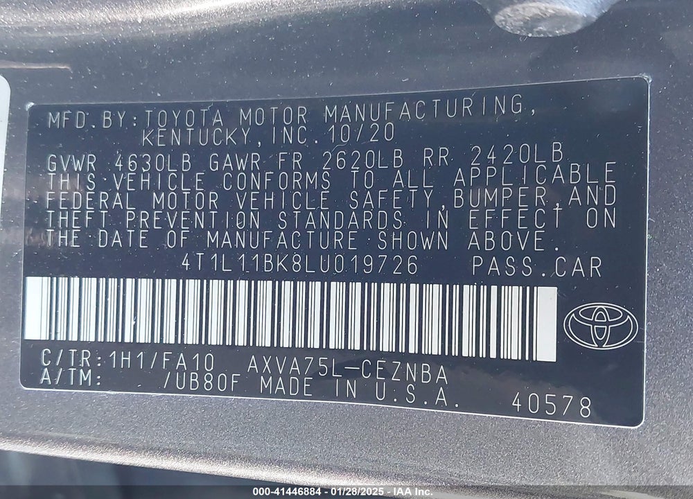 2020 TOYOTA CAMRY VIN: 4T1L11BK8LU019726
