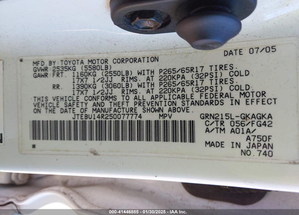 2005 TOYOTA 4RUNNER SR5 V6 VIN: JTEBU14R250077774