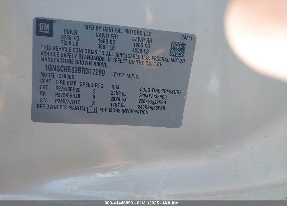 2011 CHEVROLET SUBURBAN 1500 LTZ VIN: 1GNSCKE02BR317269