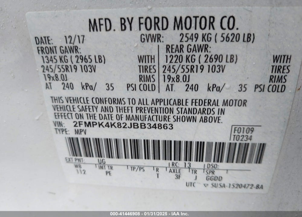 2018 FORD EDGE TITANIUM VIN: 2FMPK4K82JBB34863