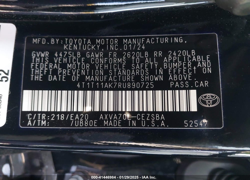 2024 TOYOTA CAMRY VIN: 4T1T11AK7RU890725