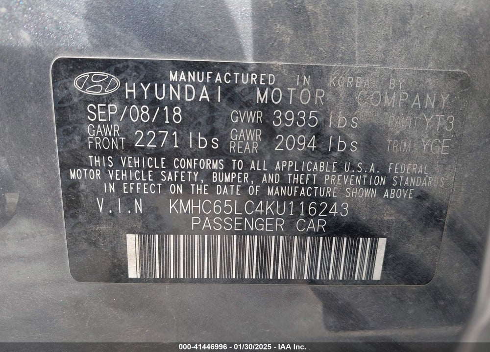 2019 HYUNDAI IONIQ HYBRID VIN: KMHC65LC4KU116243