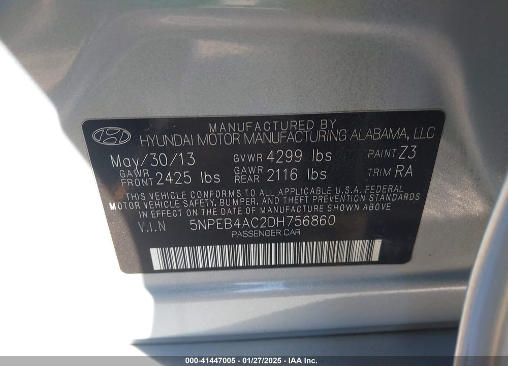 2013 HYUNDAI SONATA VIN: 5NPEB4AC2DH756860