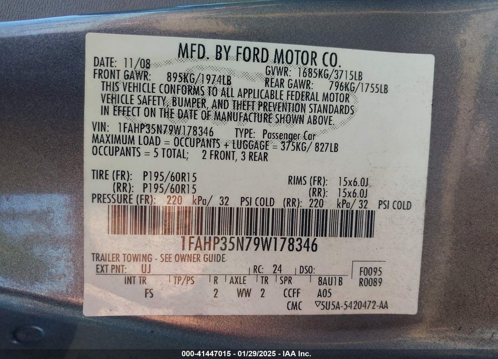 2009 FORD FOCUS VIN: 1FAHP35N79W178346
